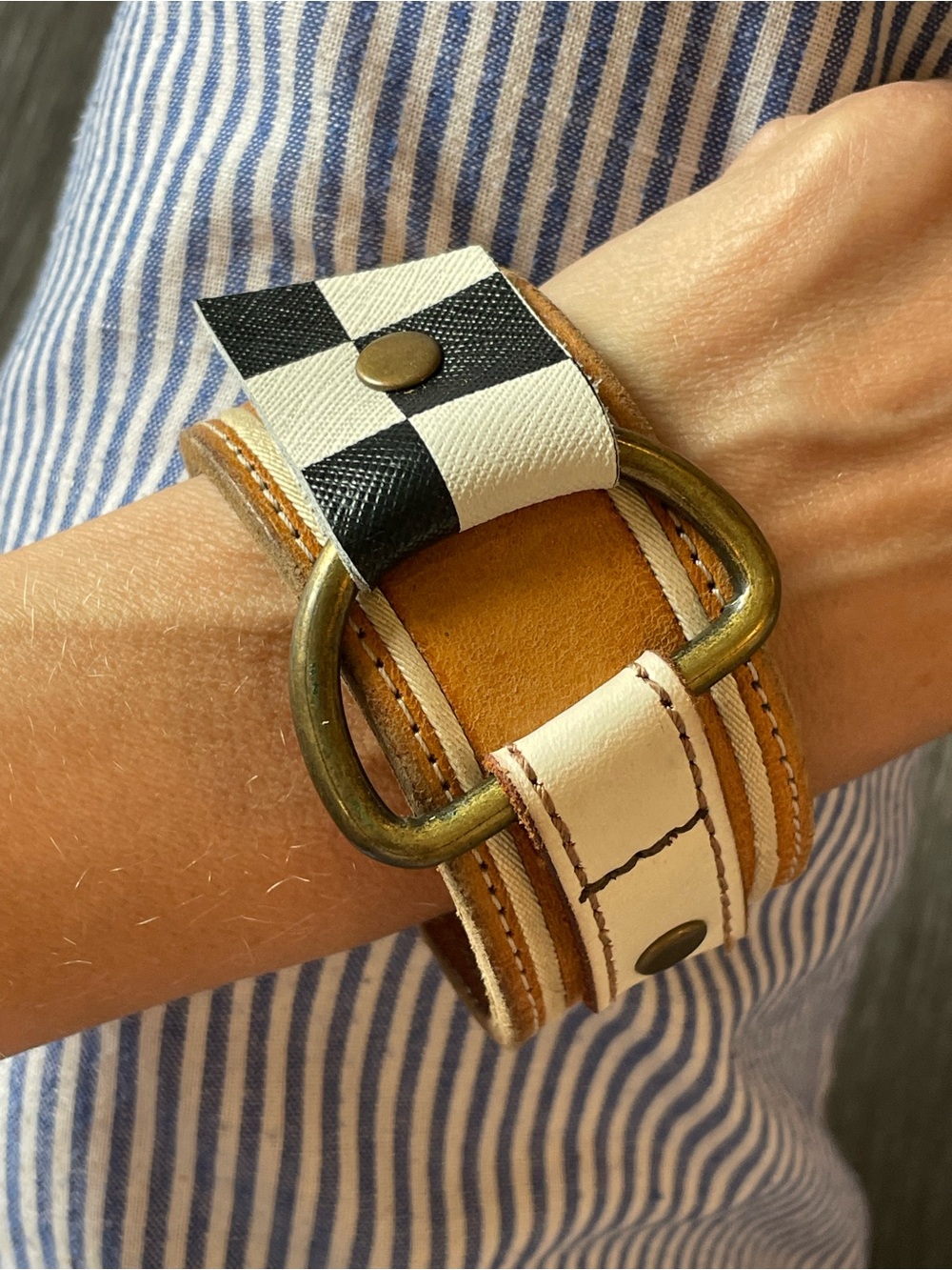 Leather Cuff Bracelet with Brass Ring - White and Tan